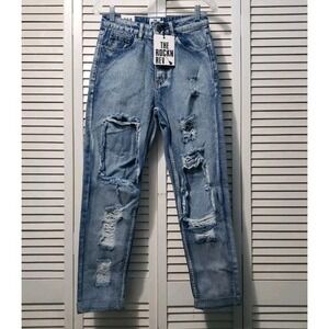 The Rockn Rev What Goes On Mom Jean Women's Size 4 Blue Distressed Straight Leg